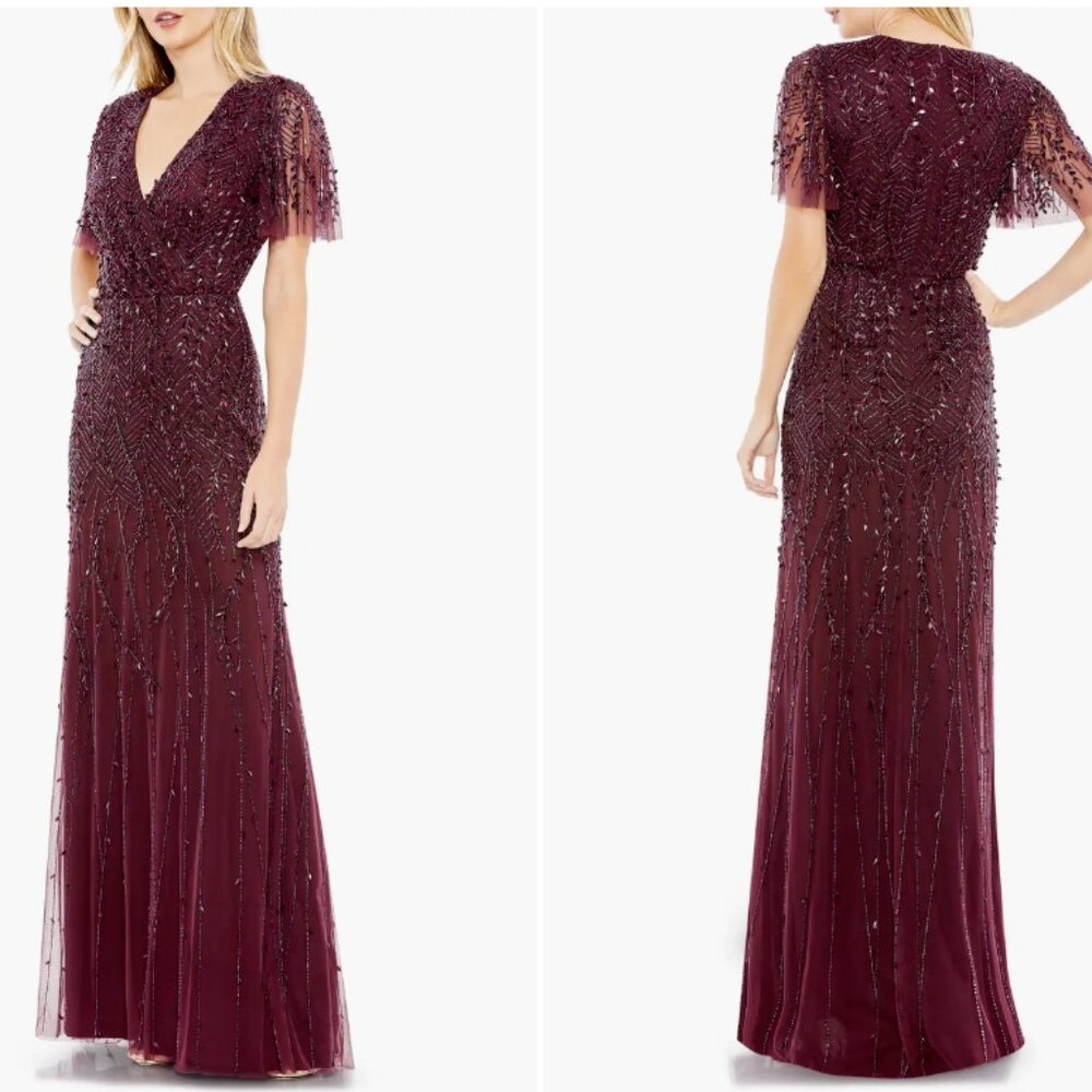 MAC DUGGAL 35109 EMBELLISHED FLUTTER SLEEVE AUBERGINE GOWN sz 10